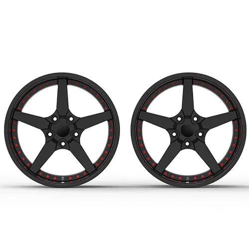 Front view of gloss black Camaro five-spoke forged wheel