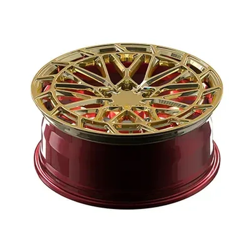 Side view of BMW F10 forged wheel showing candy red translucent barrel