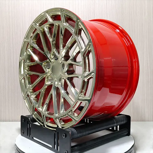 Angled BMW 5 Series F10 forged wheel with gold mesh face and red barrel