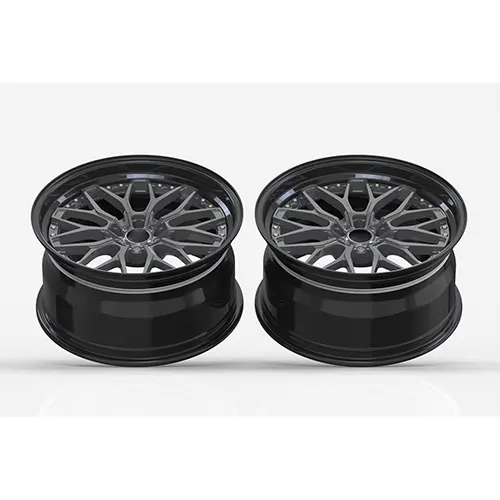 Rear-angle Audi S5 forged wheel pair showing gloss black barrels