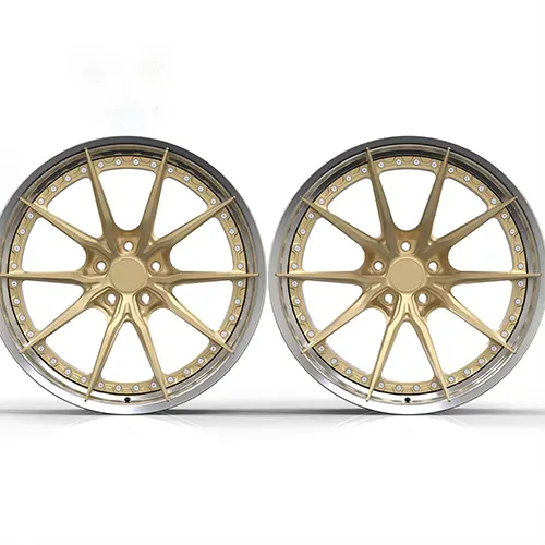 Front view of staggered R35 forged wheels with brushed champagne split spokes