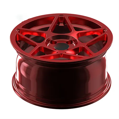 Rear-angle view of Fiat 500 Turbo forged wheel showing full Candy Red barrel