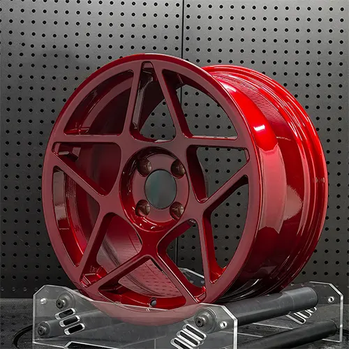 Workshop view of Candy Red Fiat 500 Turbo monoblock forged wheel