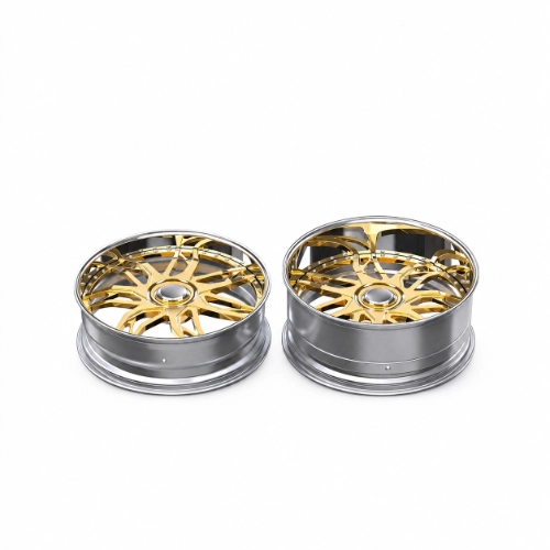 Monte Carlo 26 inch forged wheels with gold split-spoke centers and wide brushed barrels