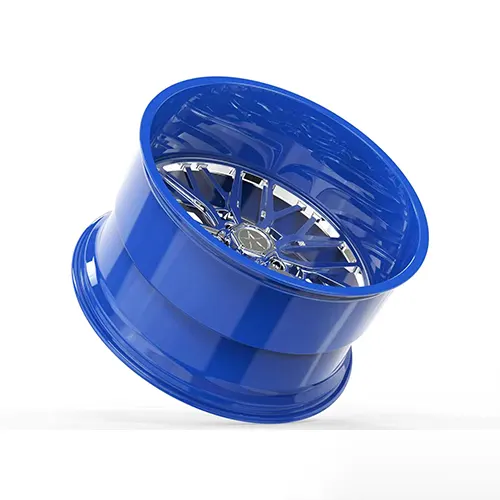 Ultra-wide Escalade forged wheel showing deep gloss blue barrel