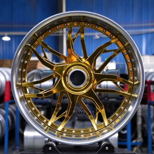 Front view of Chevrolet Monte Carlo custom forged wheel with gold split-spoke design