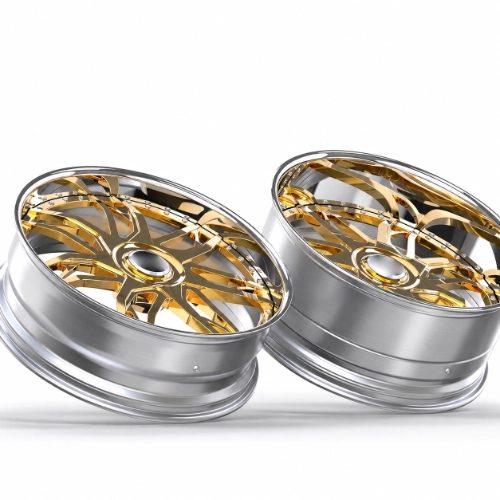 Staggered 26 inch forged wheel pair showing different barrel widths and gold spoke details