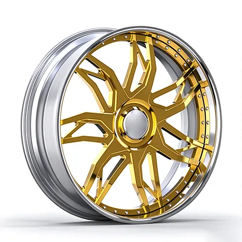 Gold electroplated split-spoke forged wheel with brushed silver barrel and polished rim