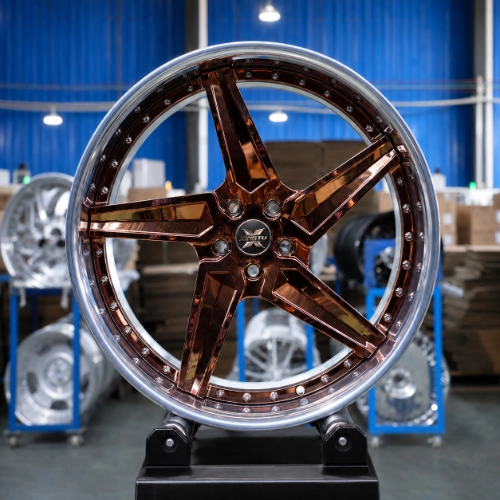 Finished Impala SS forged wheel with rose gold center and exposed assembly hardware