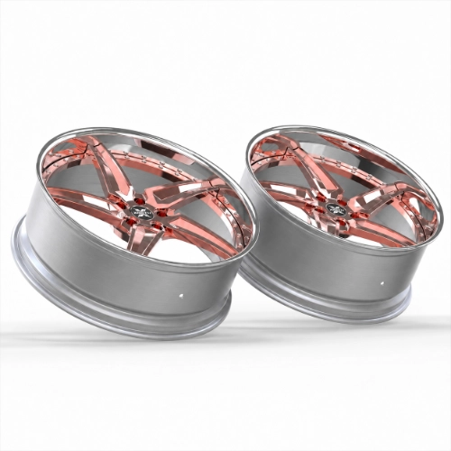Staggered Chevrolet Impala SS forged wheels showing rose gold centers and brushed silver barrels