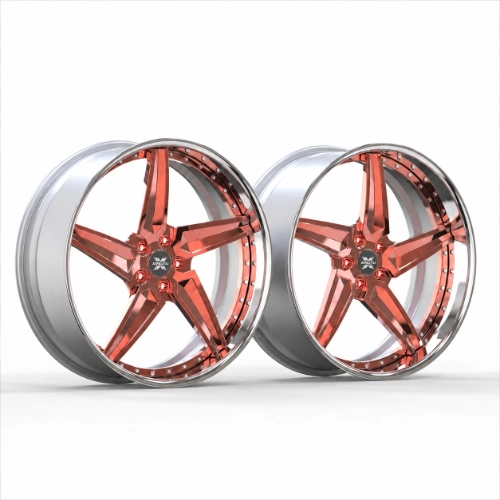 Rose gold five-spoke forged wheel pair with recessed channels and polished outer rims