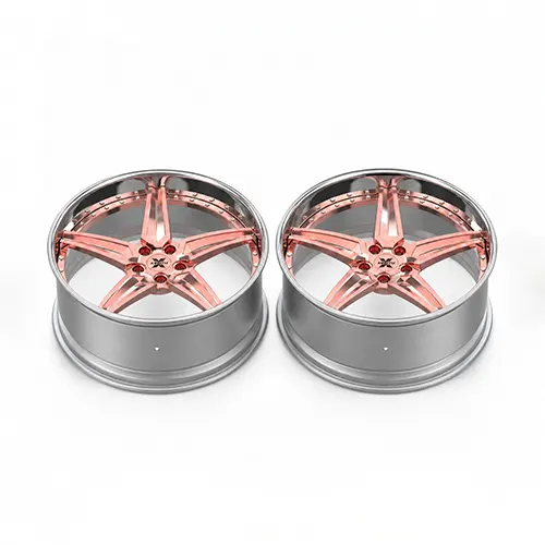 Impala SS 24 inch forged wheels with rose gold five-spoke centers and polished lips