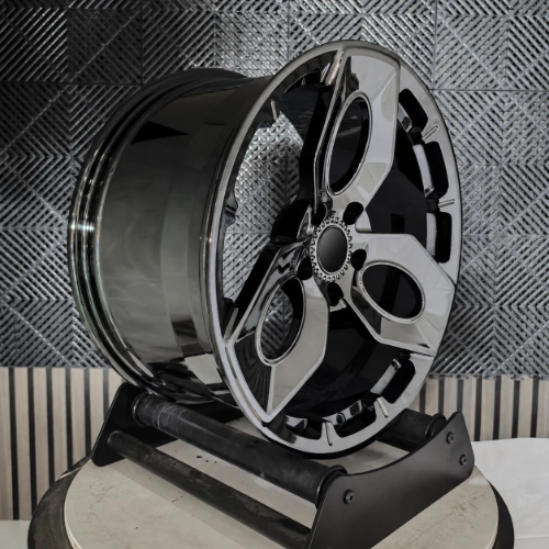 Side angle of custom forged sample wheel showing oval spoke openings and rim depth