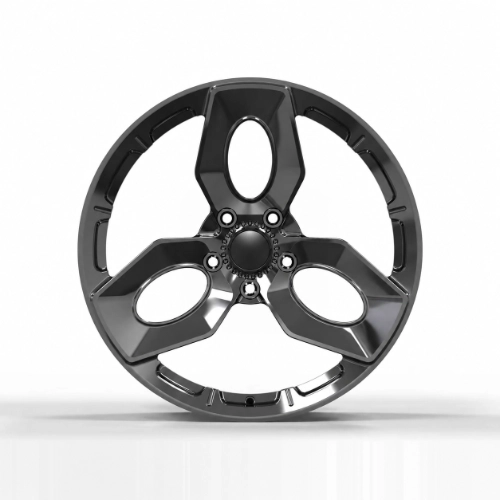 Front view of custom three-spoke forged wheel with large oval openings