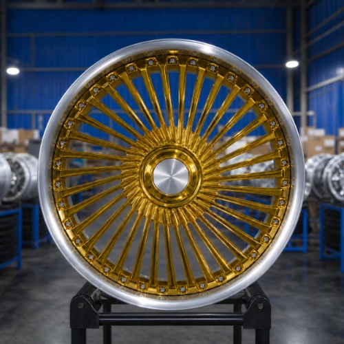 Finished Buick LeSabre forged wheel with reflective gold radial spoke design