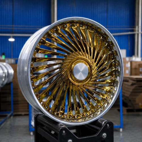 Real gold electroplated two-piece forged wheel showing turbine center and polished rim