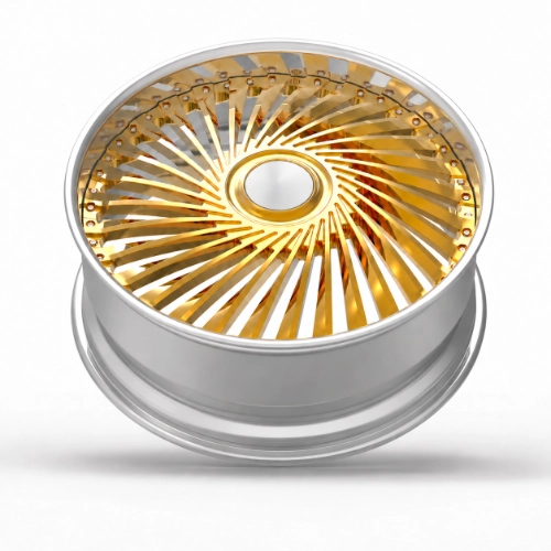 Gold electroplated turbine-spoke wheel with deep silver barrel and perimeter hardware
