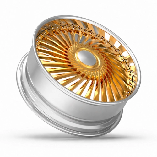 24 inch forged two-piece wheel showing radial gold spokes and polished barrel
