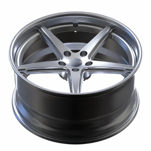 Angled view of gloss silver forged SUV wheel with deep-concave face and wide barrel