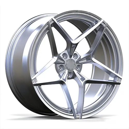 Angled view of brushed aluminum Audi RS6 forged wheel with deep-concave spoke profile