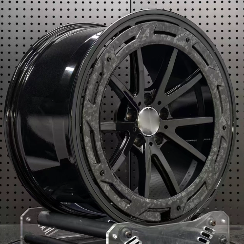 Gloss black forged aluminum wheel with recessed carbon face plate and deep barrel profile