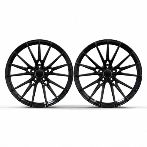 Front view of BMW M340i gloss black forged wheels with slim multi-spoke faces