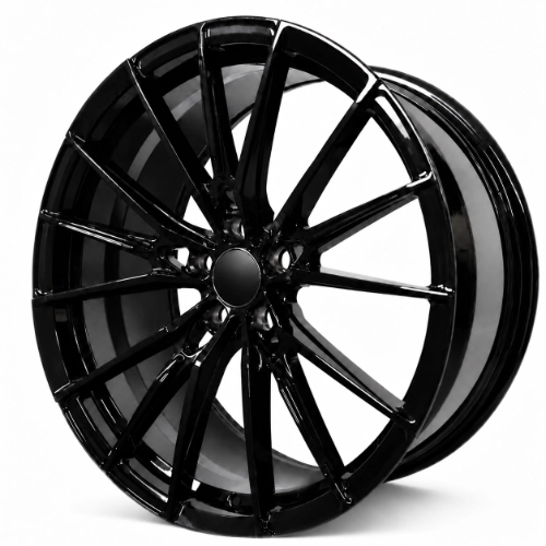 Angled view of gloss black multi-spoke forged wheel showing concave face and barrel