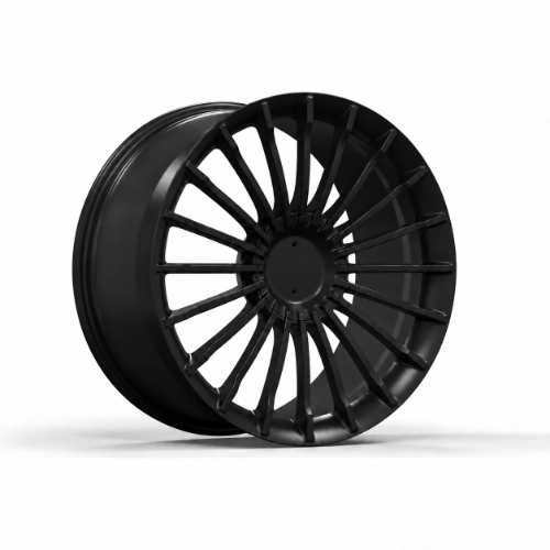 Angled view of Tesla Model S forged wheel with closely arranged black radial spokes