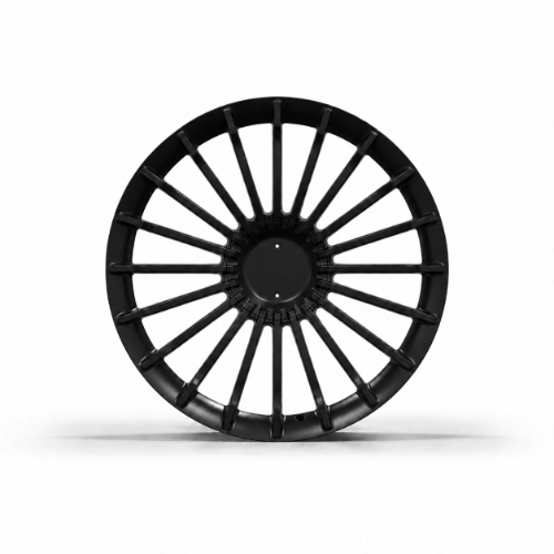 Front view of matte black turbine forged wheel with large center section