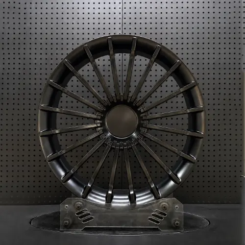 Front-facing Tesla forged monoblock wheel with dense turbine spoke pattern