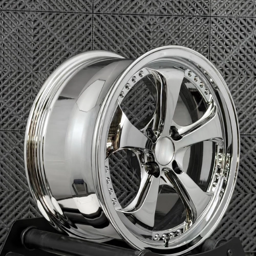Side angle of 16 inch chrome forged wheel showing curved spokes and rim depth