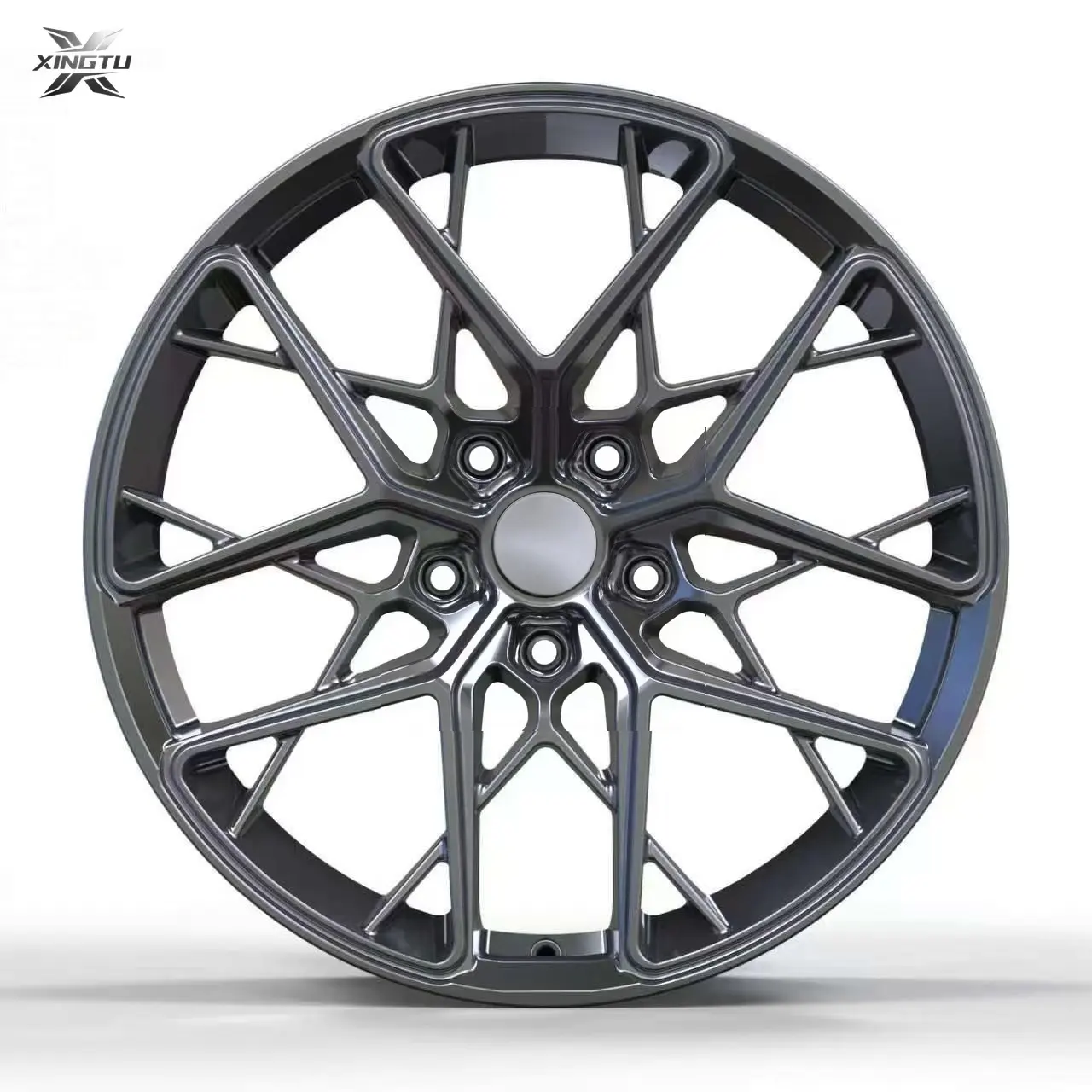 20 inch forged wheel featuring intricate geometric spokes and polished black reflections
