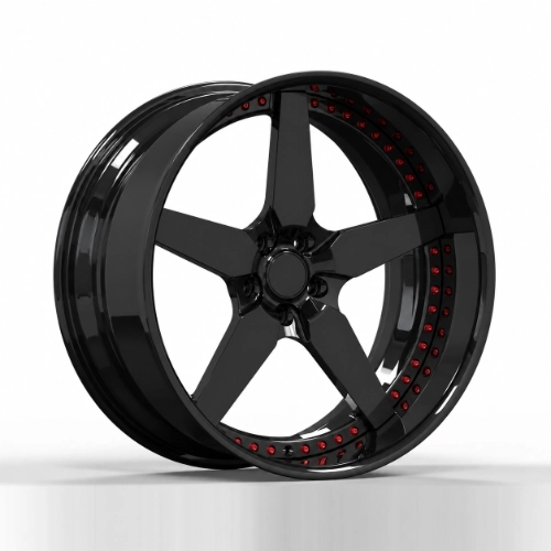 Angled view of black three-piece forged wheel with deep stepped lip and five spokes