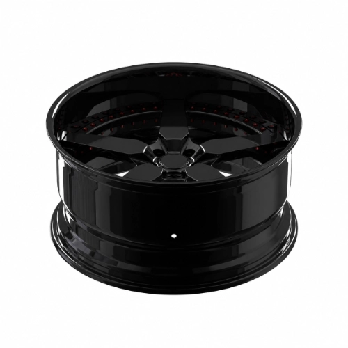 Side view of 22 inch three-piece forged wheel showing deep barrel and gloss black finish