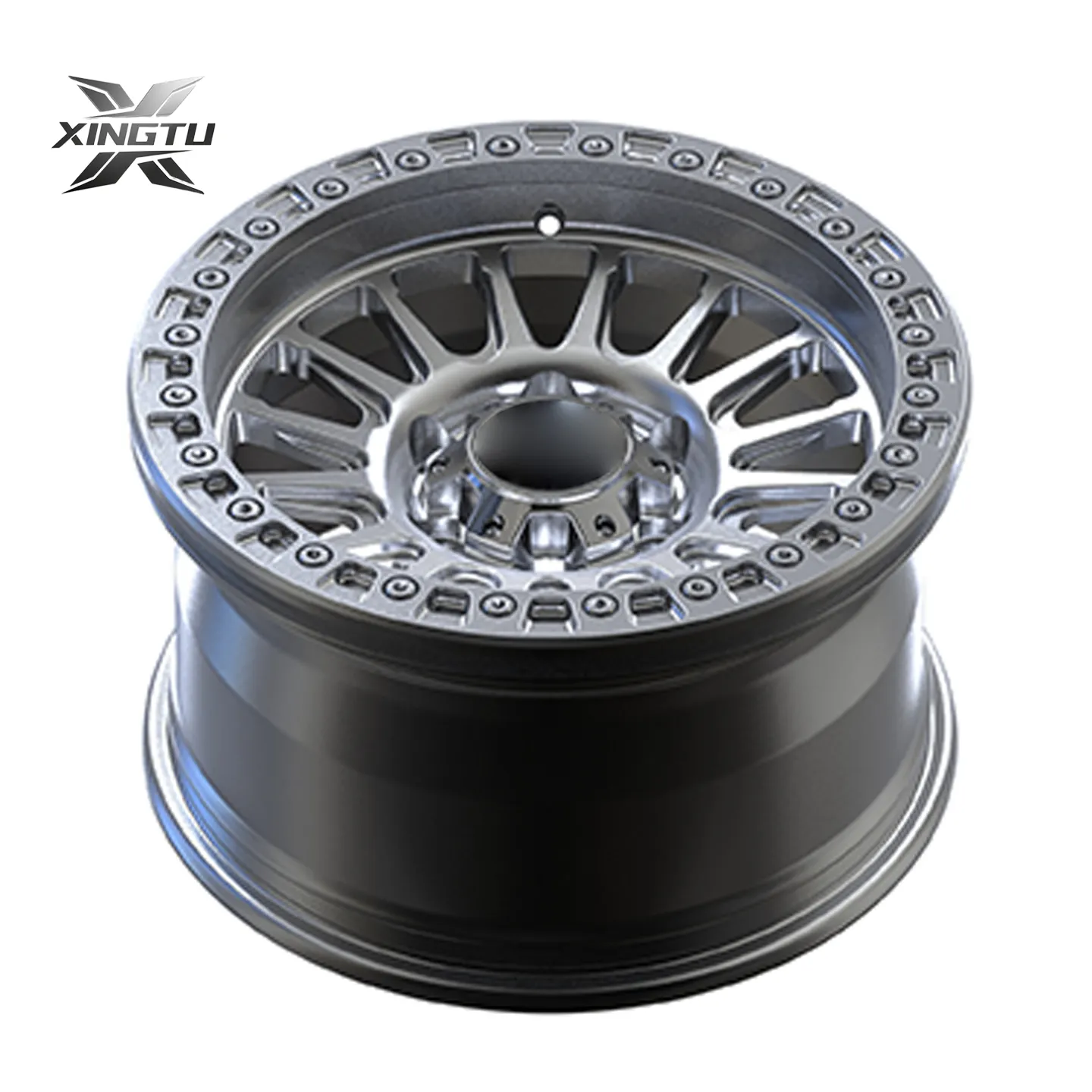 Three-quarter view of Lexus LX450 off-road wheel with raw aluminum finish and wide barrel