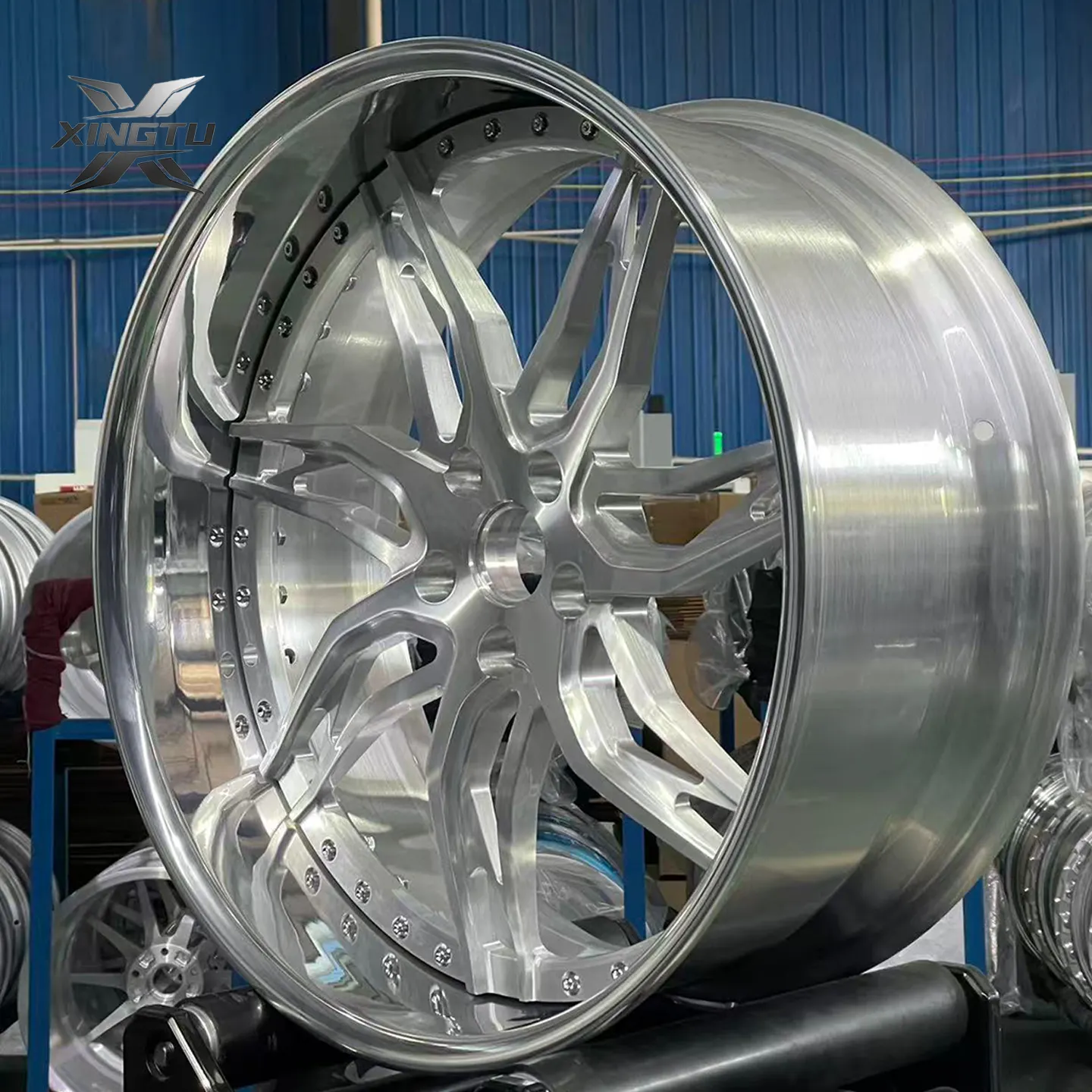 Close-up of brushed silver paired spokes and polished three-piece wheel assembly