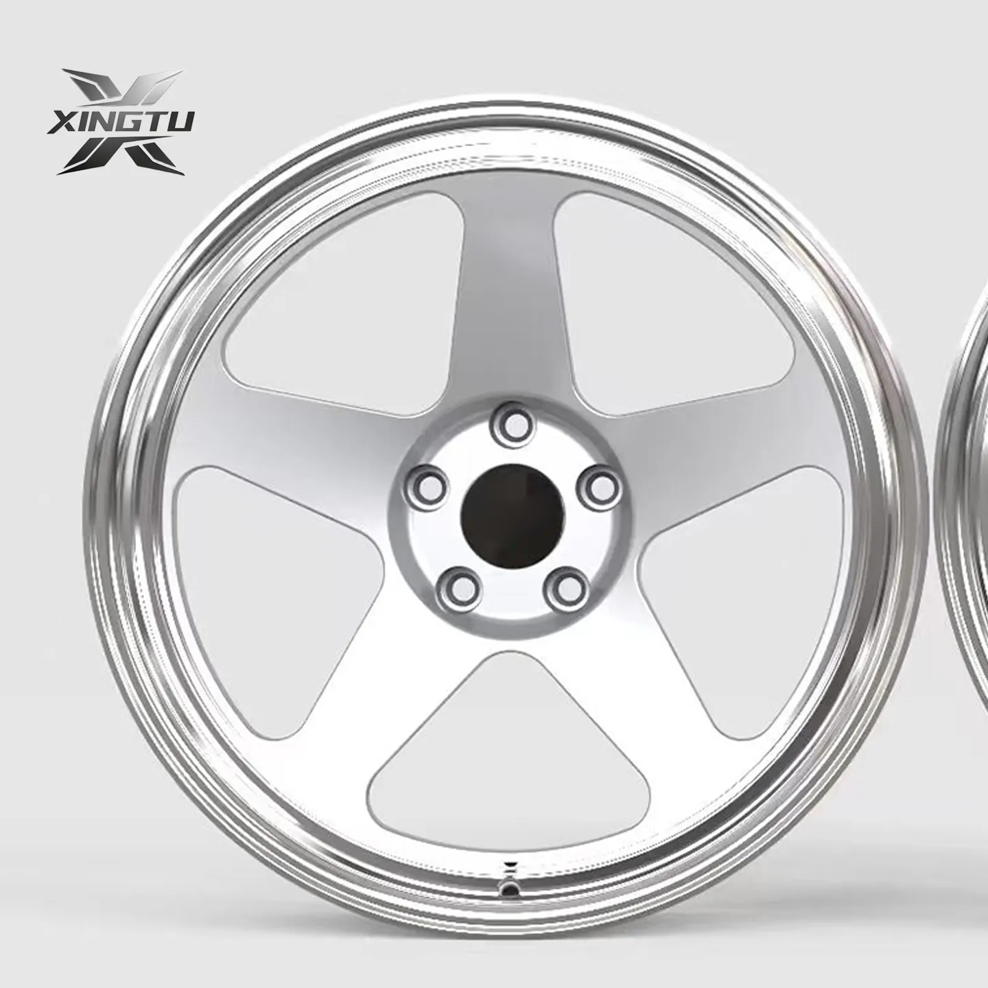Front view of brushed silver Corvette C8 forged wheel with V-shaped spoke ends
