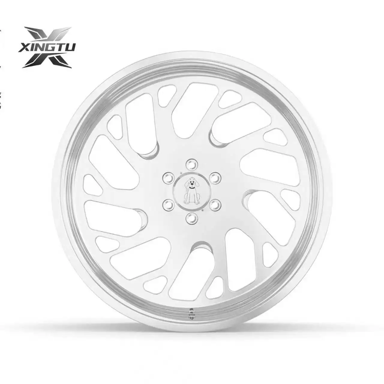 Front view of polished Silverado forged wheel with directional spokes and asymmetrical openings
