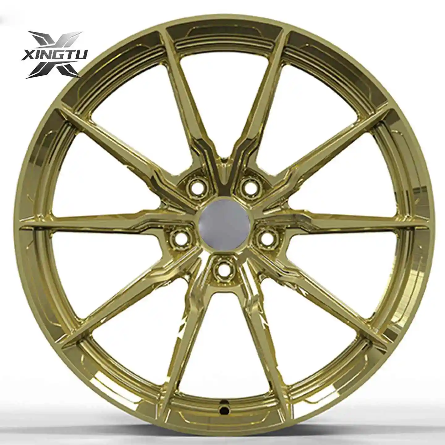 Front view of platinum gold forged monoblock wheel with angular split spokes