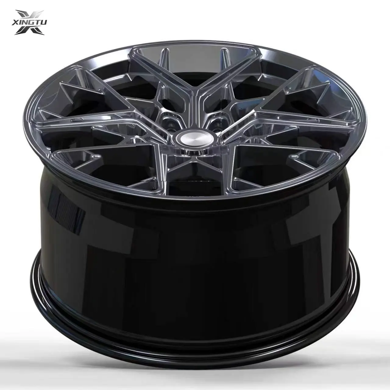 Gloss black Porsche 718 forged monoblock wheel with angular spokes and deep barrel