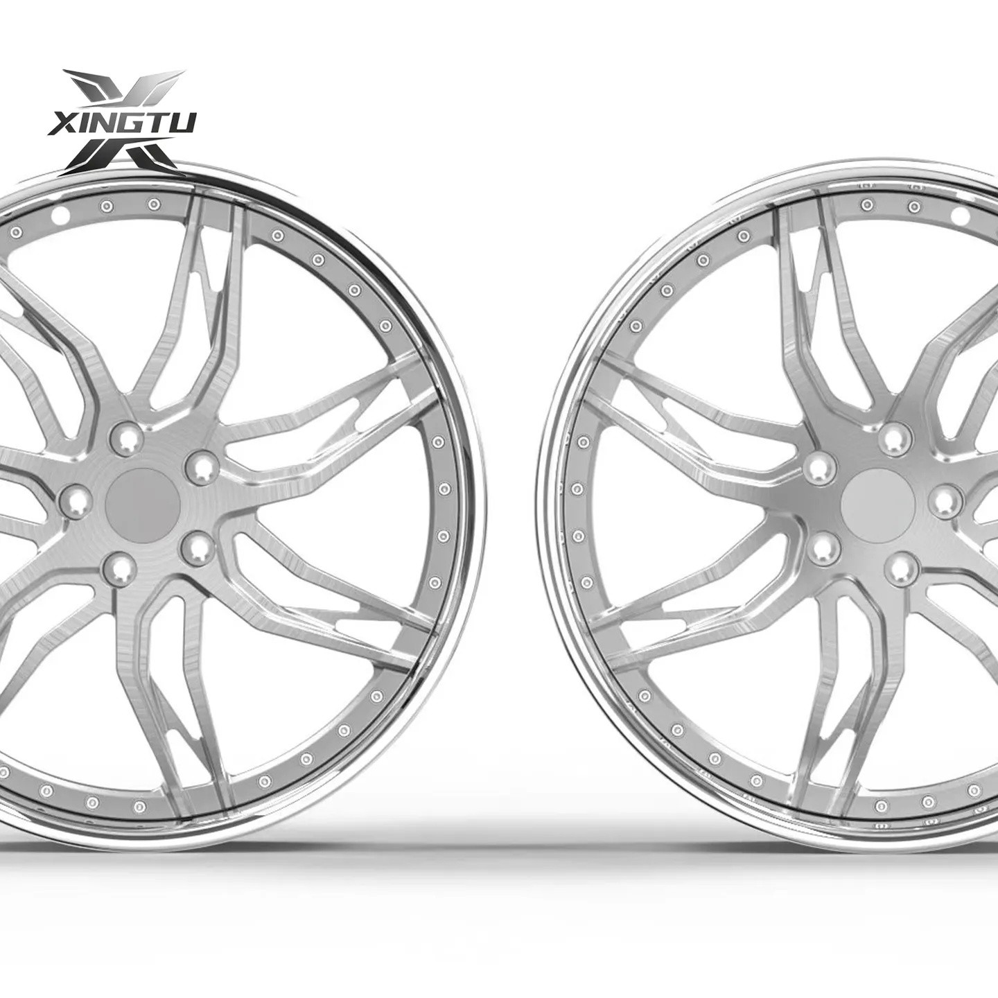 Staggered 22 inch three-piece forged wheels showing deep polished aluminum barrels