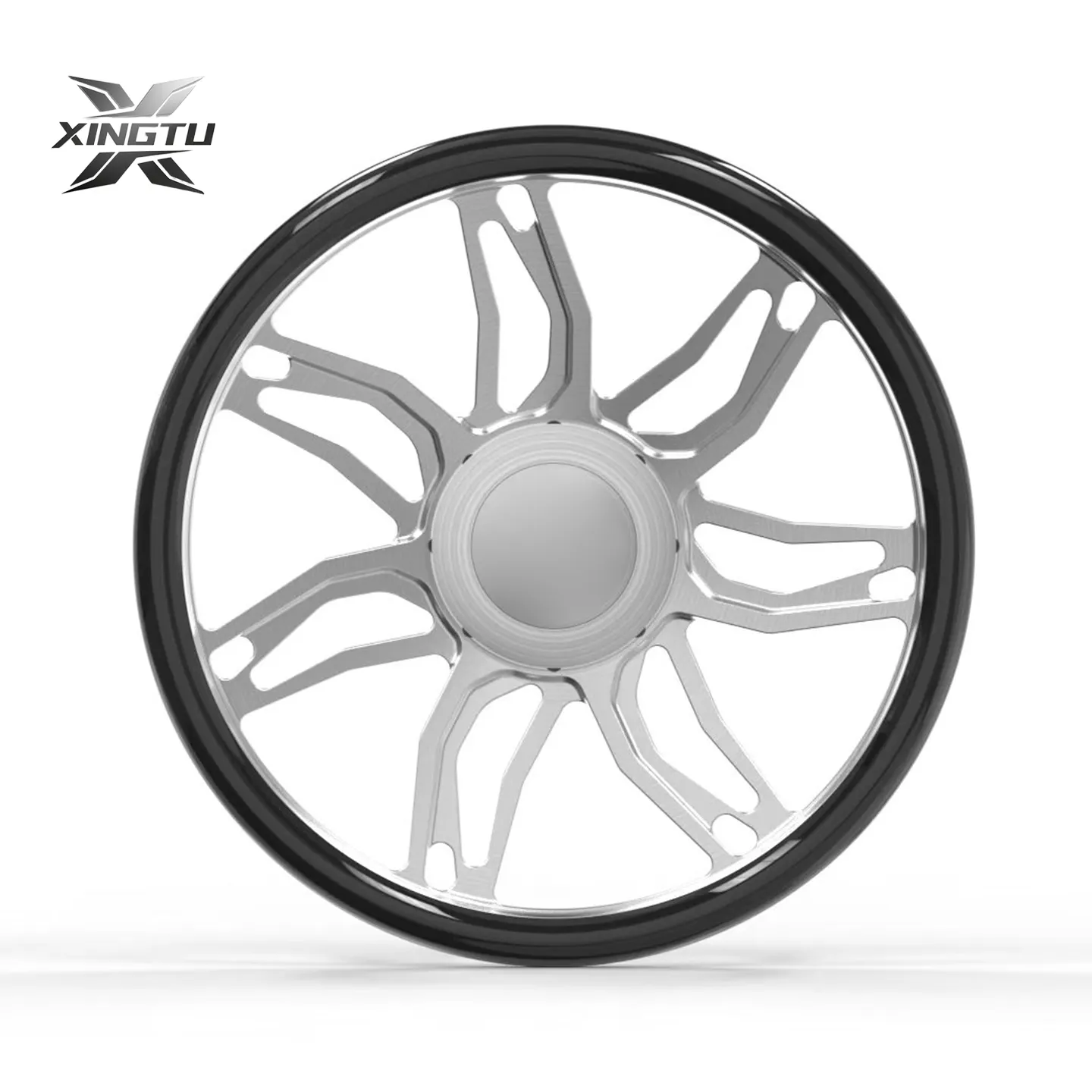 Angled view of three-piece forged wheel with machined spoke slots and polished lip