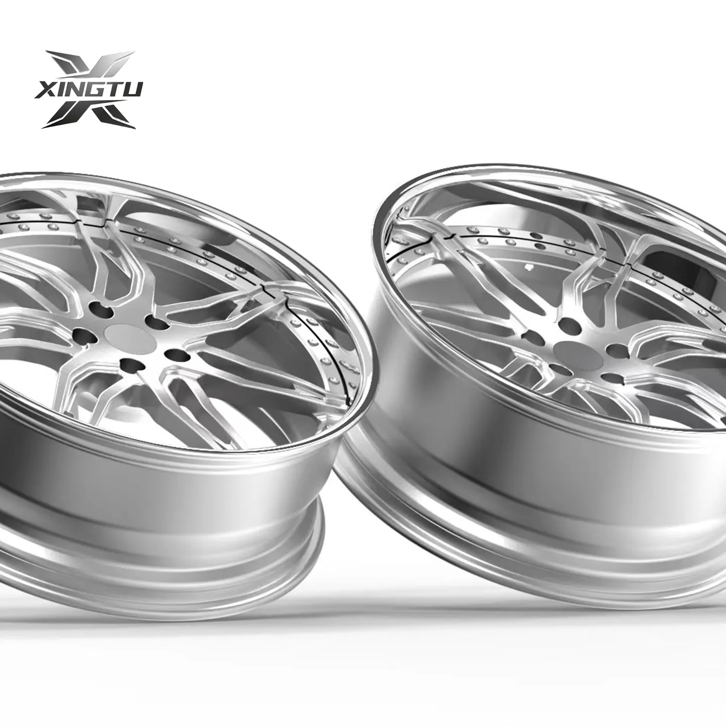 Brushed silver forged wheel set with paired spokes and wide polished outer lips